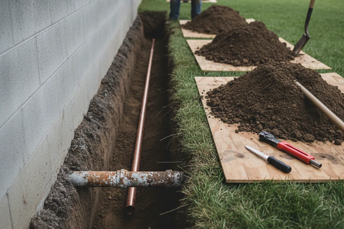 Excavated water line trench during Sewer Line Repair in White Marsh